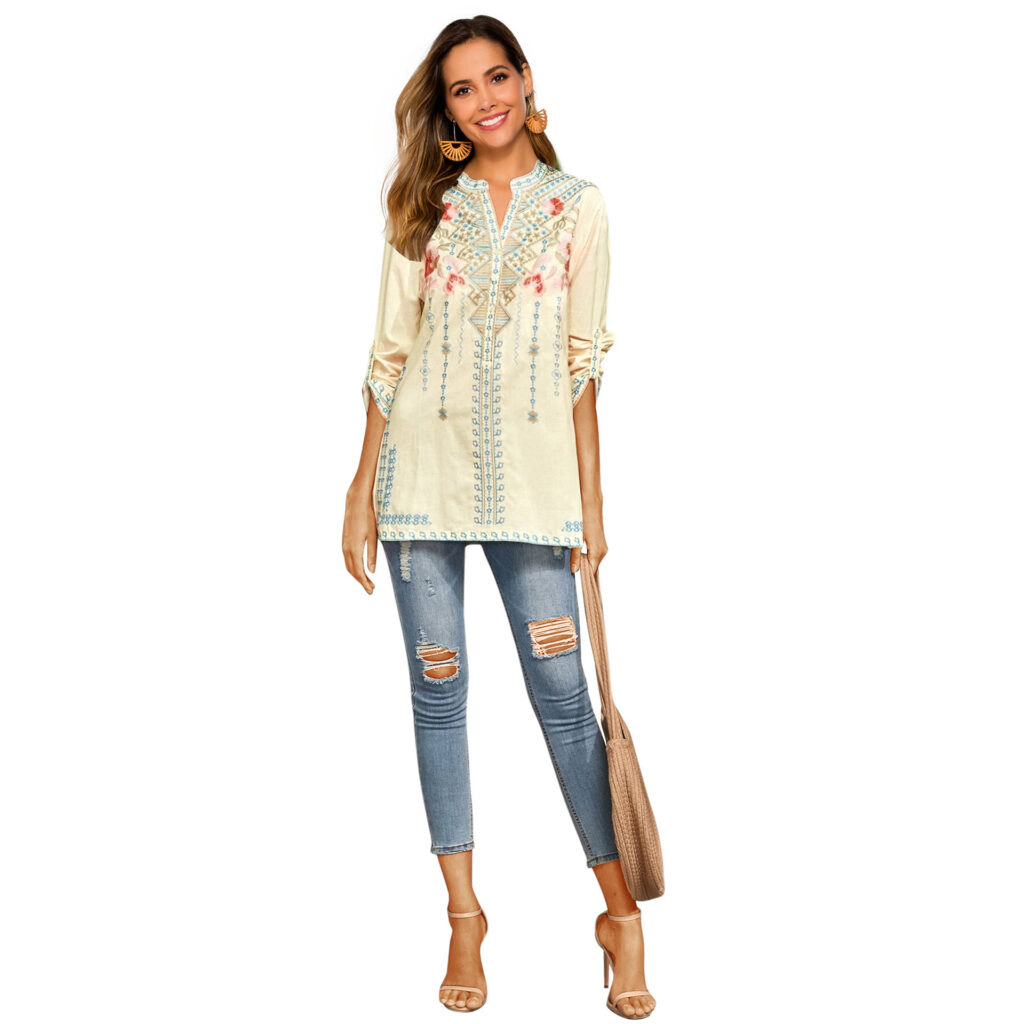 Spring Women Long-Sleeved Shirt Embroidered  Overseas Mid-Length Stand Collar Shirt - Image 3
