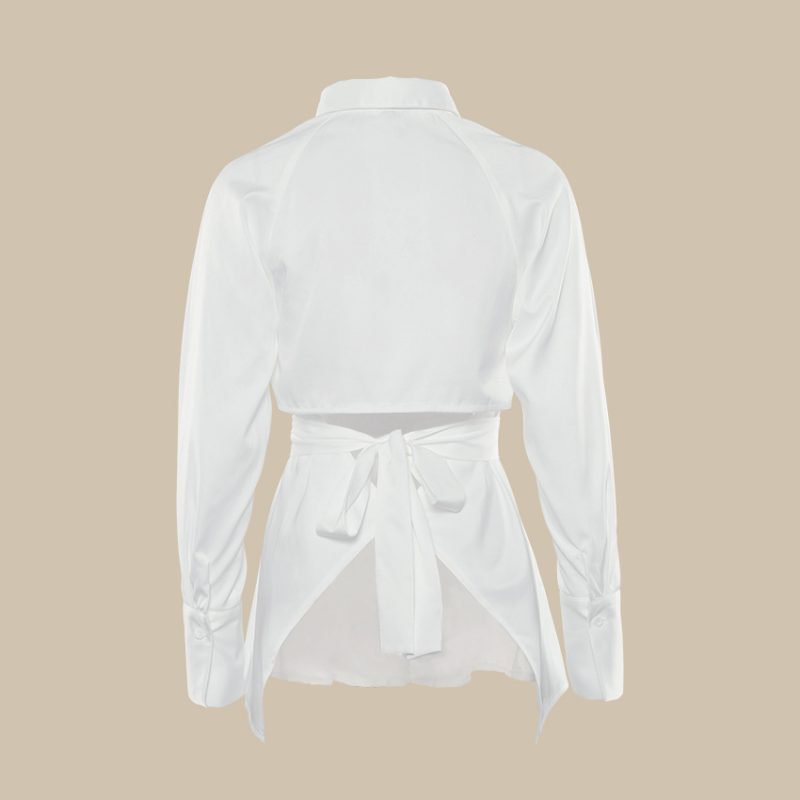 Spring Long Sleeve White Shirt Women Waist-tight Exposed Back Cutout Out Strap Shirt Top - Image 3