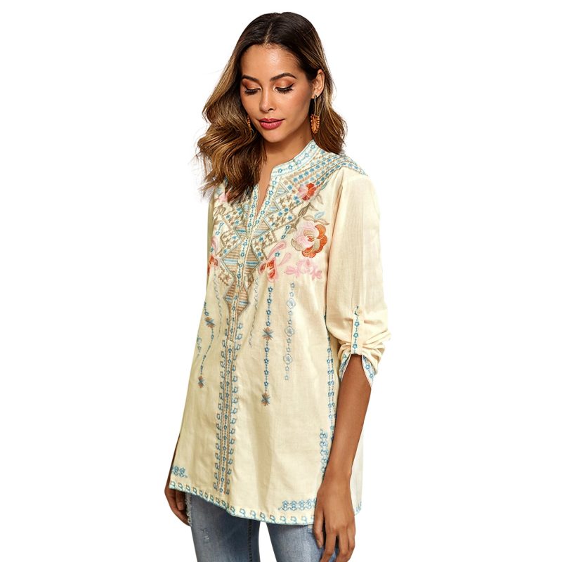 Spring Women Long-Sleeved Shirt Embroidered  Overseas Mid-Length Stand Collar Shirt - Image 2