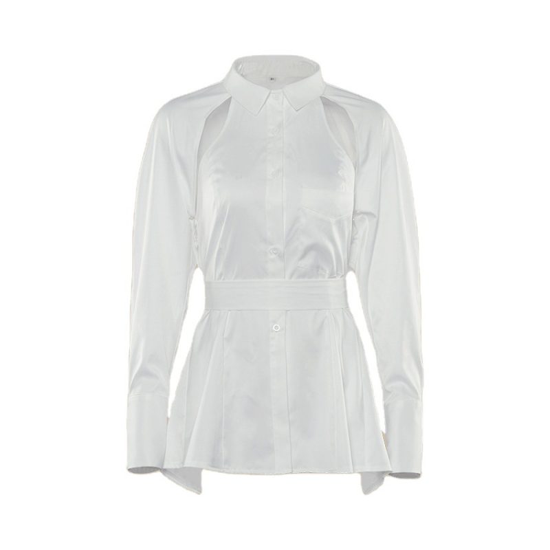 Spring Long Sleeve White Shirt Women Waist-tight Exposed Back Cutout Out Strap Shirt Top - Image 5