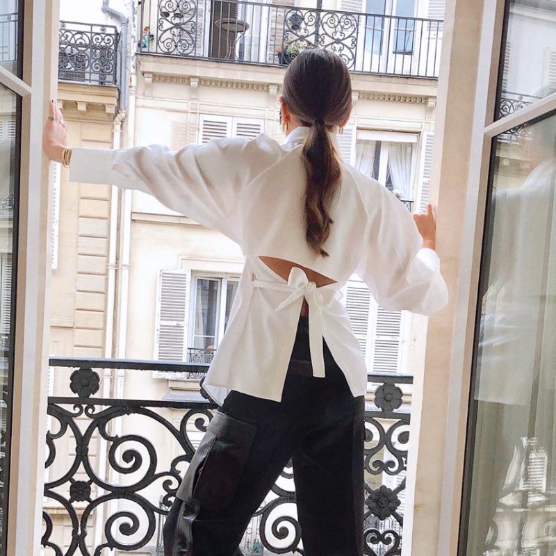 Spring Long Sleeve White Shirt Women Waist-tight Exposed Back Cutout Out Strap Shirt Top - Image 2