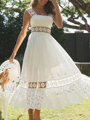 Spring Summer Women Clothing Long  Lace Stitching Big Swing Dress