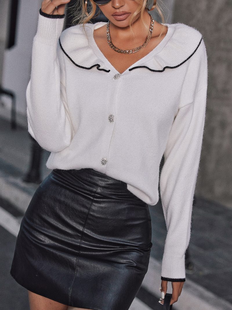 Office Buttons Long Sleeves V-Neck Winter Sweater Women White Collared Drop Sleeve Elegant Cardigan Vintage Loose Sweaters - Image 3
