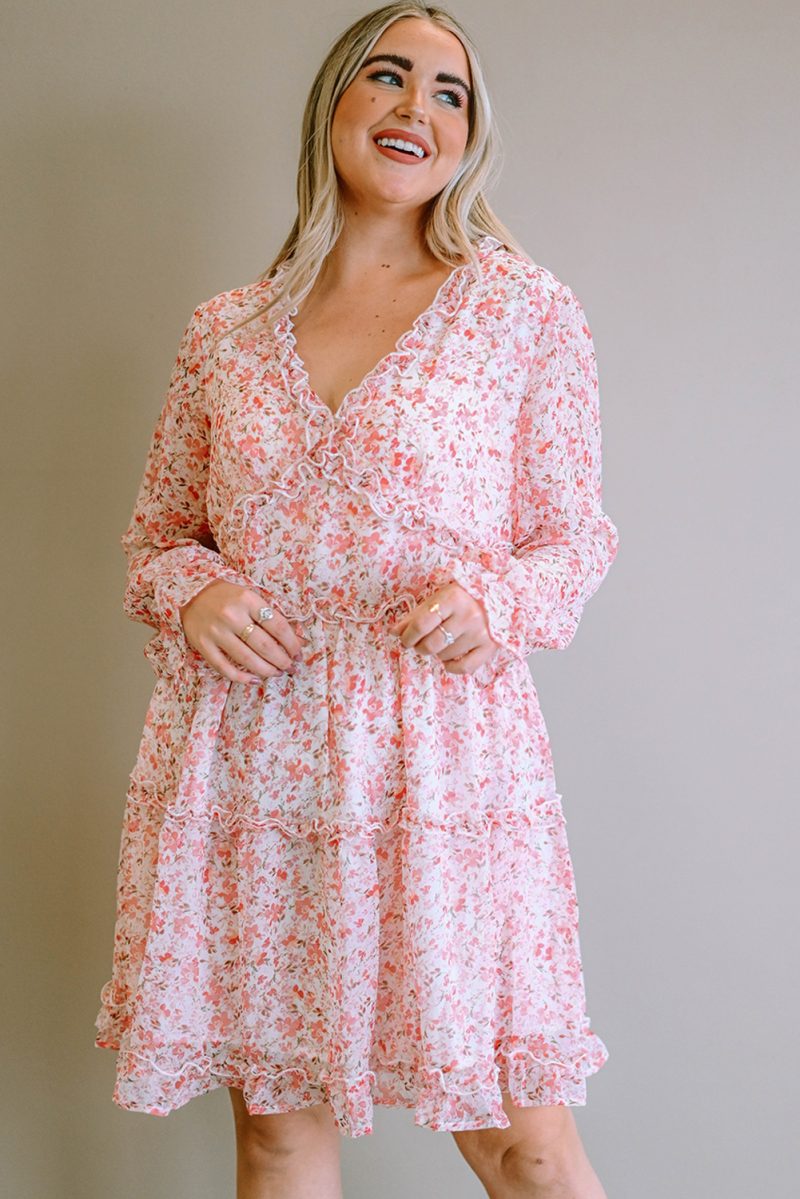 Pink Frilled Tiered Floral Plus Size Dress - Image 4