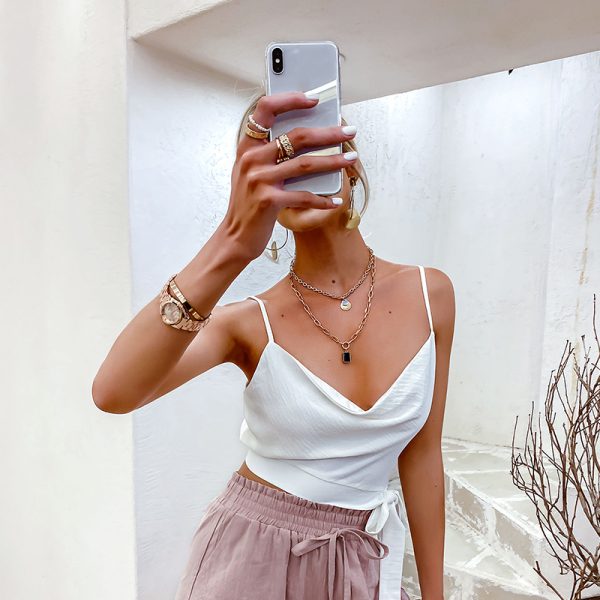 Elegant solid v-neck sleeveless tanks women Sexy bow sash party camis Women Backless lady short tops light luxury - Image 4