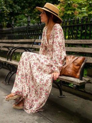 Spring Printed Cotton Women Full-Length Dress Lantern Sleeve Large Swing Bohemian Dress Women Clothing