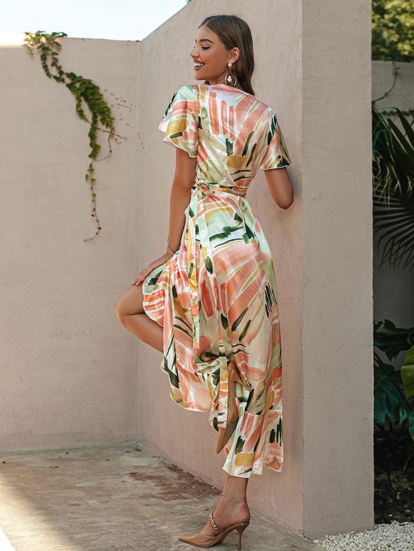 Holiday Ruffle Short Sleeves Lace Up Summer Tropical Flora Print Dress Women V-Neck Split A-Line Long Sundresses - Image 5