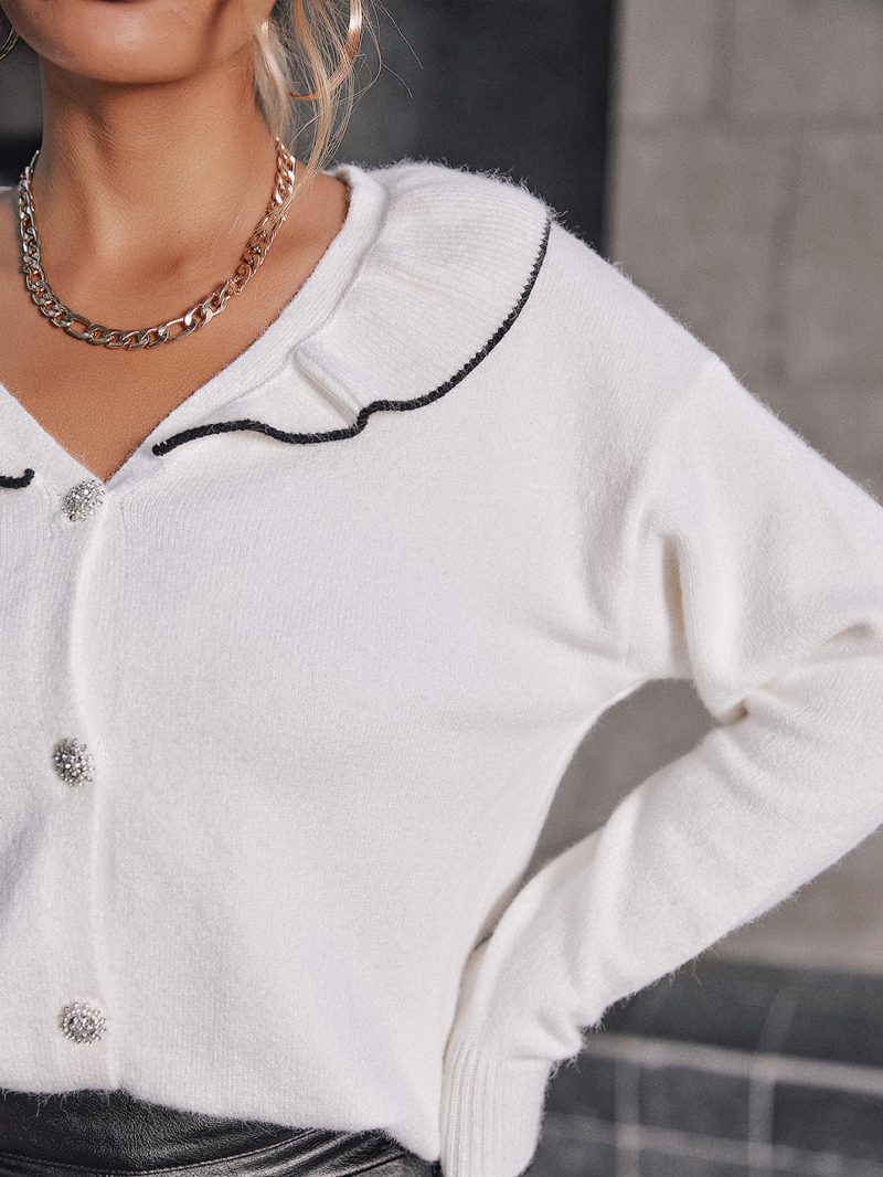 Office Buttons Long Sleeves V-Neck Winter Sweater Women White Collared Drop Sleeve Elegant Cardigan Vintage Loose Sweaters - Image 6