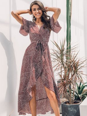 Sexy Lace Up Leopard Print Maxi Dress Summer Women V Neck Short Sleeve Dot Plus Size Dress Elegant Split Dress