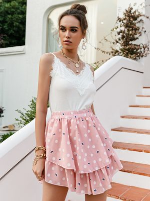 Elegant Polka Dot Print Women Mini Skirt Streetwear Ruffled A-line Skirt Women Spring Summer Holiday Ladies Skirts