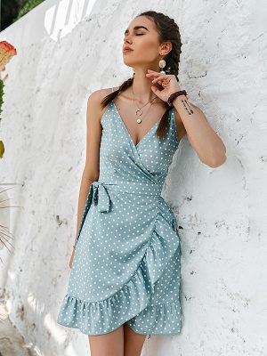 Spring Summer Ruffled Strap Dress Woman Green Boho Polka Dot Pattern Mini Dress High Waist Holiday Dress For Ladies