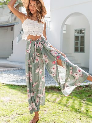 Casual Printed Wide Leg Trousers High Waist Holiday Ruffled Women Pants Loose Flowing Summer Women Trousers