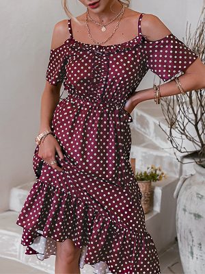 Polka dot ruffle slip women Dress Summer Casual holiday strapless high waist midi dresses casual women dress