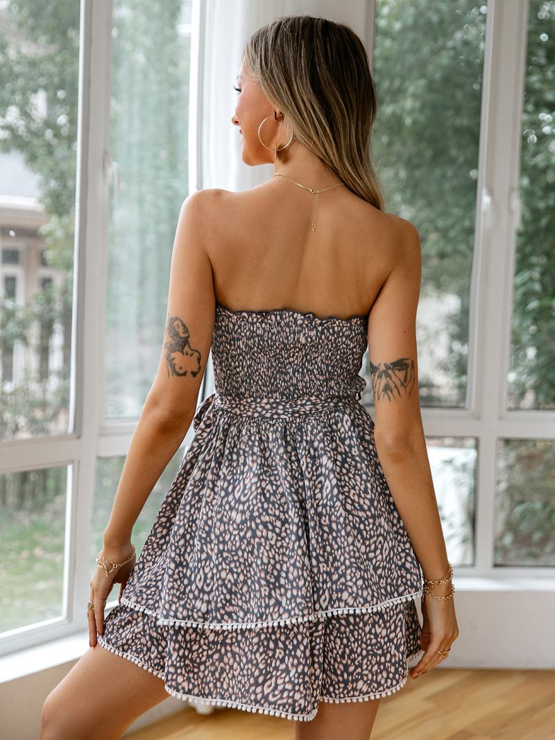 Women Sexy Off Shoulder Ruffle  Cotton Backless  Smocked Romper - Image 2