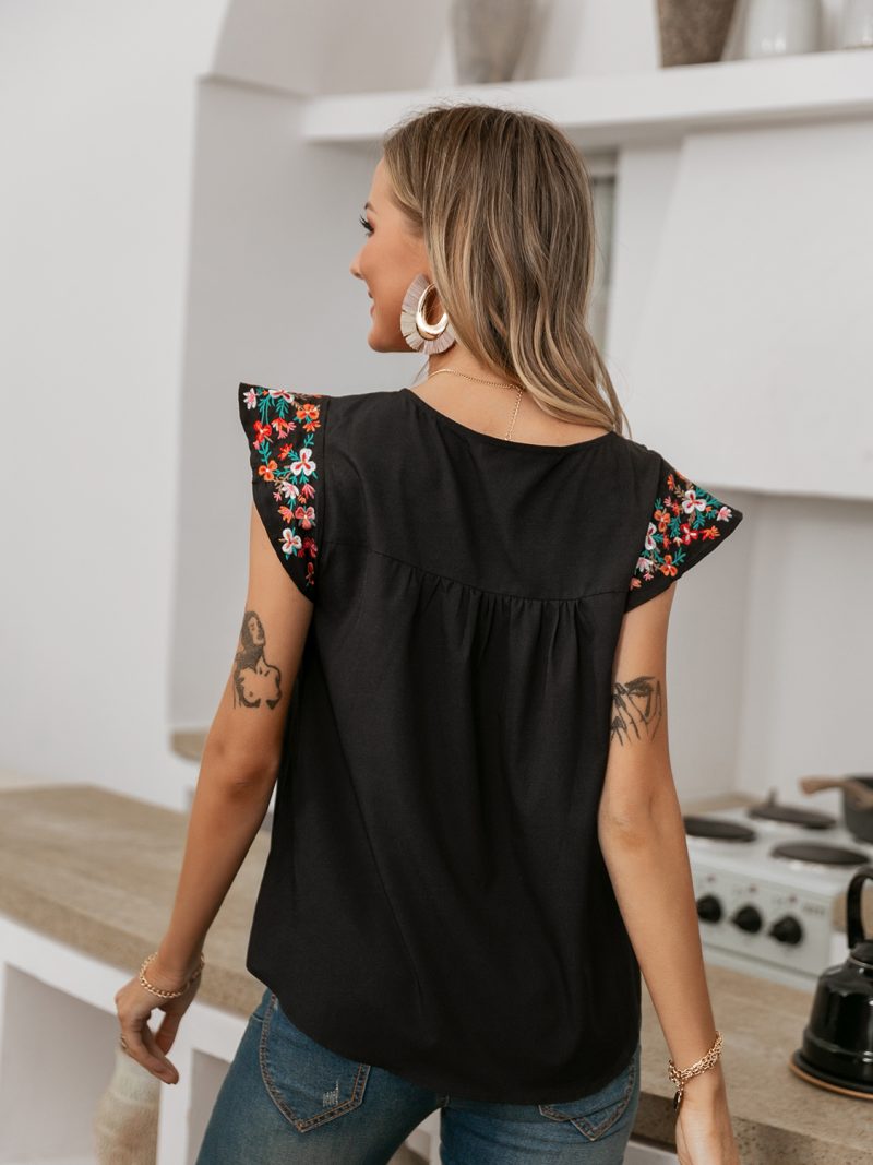 Women Casual Floral Embroidery Tshirt Ruffle Cap Sleeves Tank Blouses Tops - Image 3