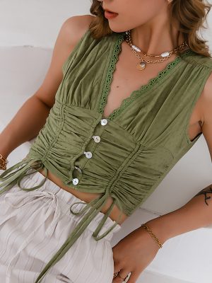 Sexy Green Deep V-Neck Sling Women Short Tops Summer Drawstring Button Vest Nightclub Outfits Women Tanks