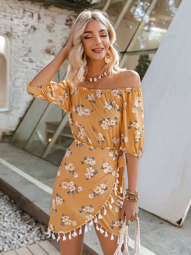 Women Off Shoulder Floral Print Mini Dress Casual Short Dress with Belt - Image 3