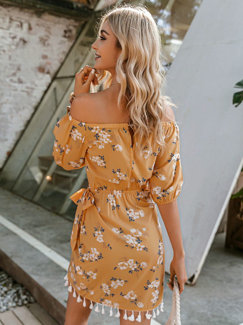 Women Off Shoulder Floral Print Mini Dress Casual Short Dress with Belt - Image 4