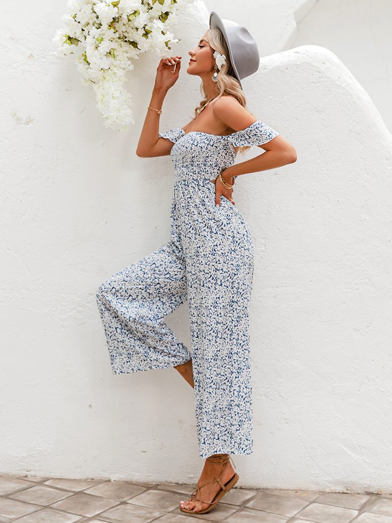 Women Sexy Off Shoulder Floral Print  Drawstring Wide Leg Jumpsuit - Image 2
