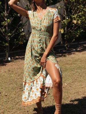 Printed V-neck Waist Dress Bohemian Beach Vacation Dress