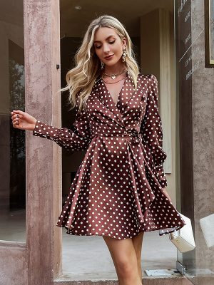 Elegant polka dot v-neck lantern sleeves wrap women dress Office lady A-line lace up mini dresses Women split vestidos