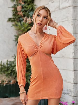 Sexy Hollow Out Cutout Out Knot Slim Party Mini Dress Women Elegant V-Neck Lantern Long Sleeve Women Dresses Sheath Solid Vestidos