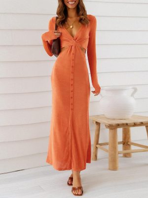 Sexy Hollow Out Cutout Out Knot Buttons V-Neck Women Dress Elegant Long Sleeves Slim Party Vestidos Female Solid Straight Dresses