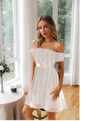 Women Cute Off-Shoulder Printed Mini Dress Summer Casual Short-Sleeved