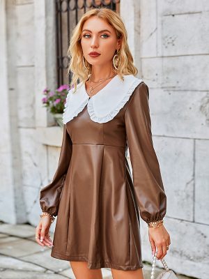 Vintage Peter Pan Collar Leather Patchwork Lantern Sleeves Dress Women High Waist Ruffle Mini Dress Solid A-Line Vestido