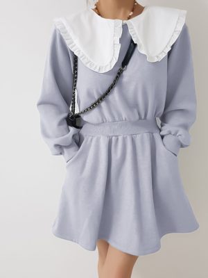 Vintage Ruffle Peter Pan Collar Pocket Long Sleeves Mini Dress Women Elastic A-Line Hoodie Dresses Solid Autumn Vestidos