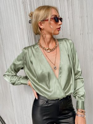 Autumn Sexy Club Women Solid Tops Criss Cross V-neck Pleated Ladies Blouses Full Regular Sleeves Women Black Green Blouses