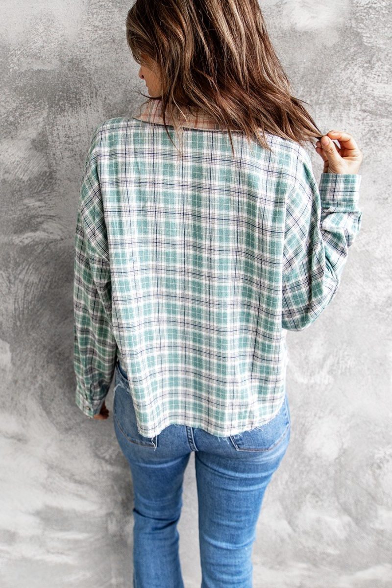 New Spring Casual Fashion Color Block Plaid Stitching Long Sleeves Collared Short Women Shirt Patchwork Macthing - Image 3