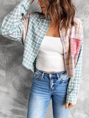 New Spring Casual Fashion Color Block Plaid Stitching Long Sleeves Collared Short Women Shirt Patchwork Macthing