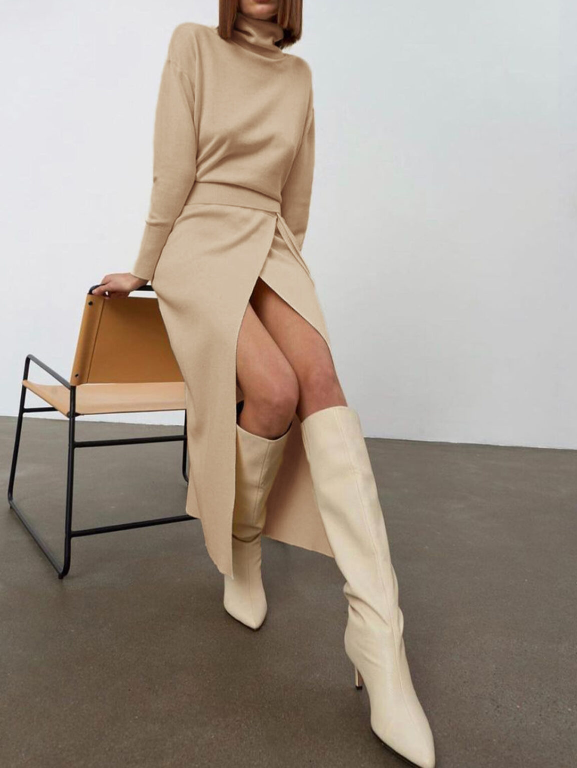 Office Turtleneck Long Sleeves Lace Up Knitted Women Elastic Split   Elegant Solid - Image 3