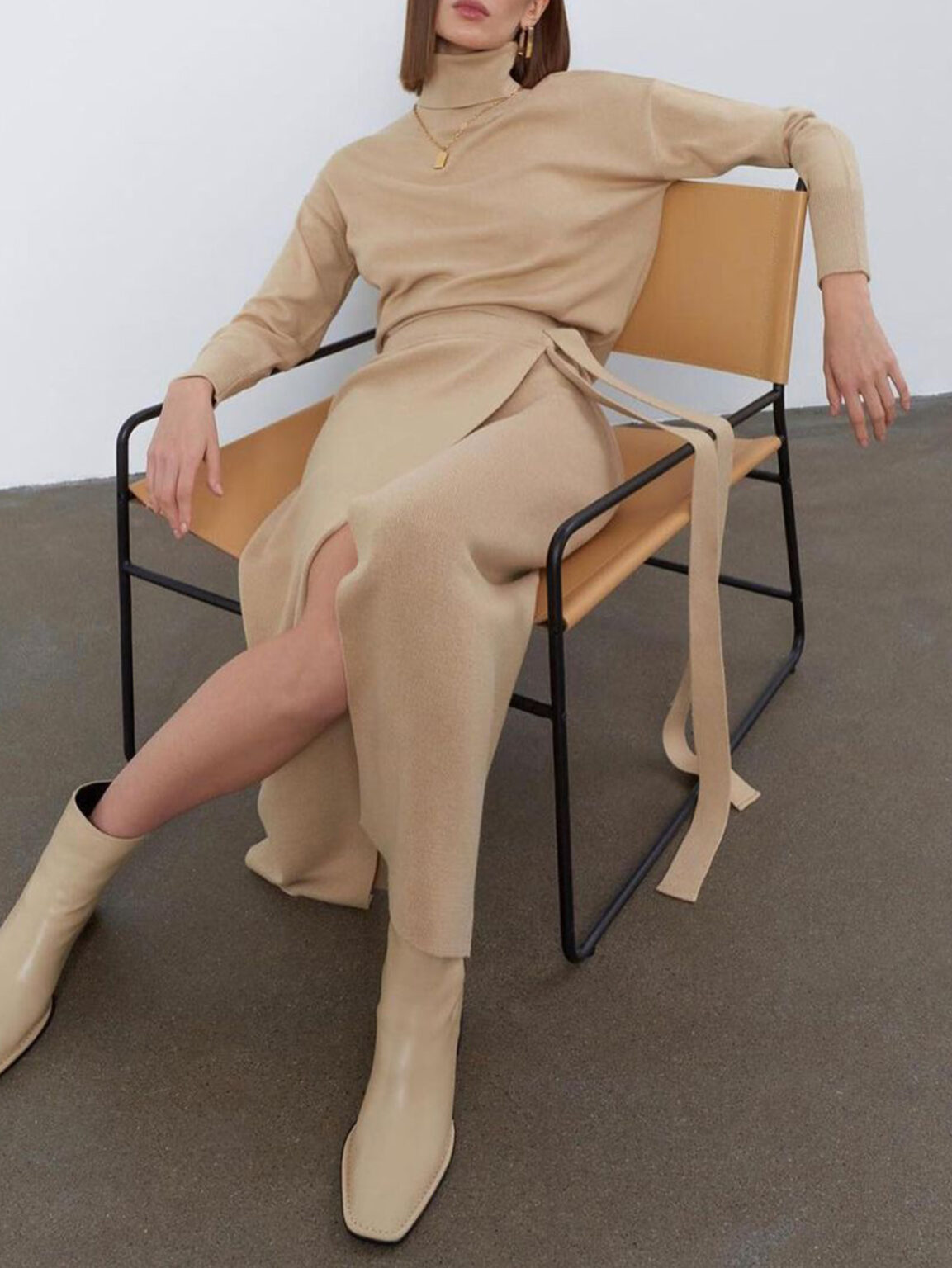 Office Turtleneck Long Sleeves Lace Up Knitted Women Elastic Split   Elegant Solid - Image 4