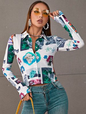 Women Chic Graffiti Printed Bodycon Slim All Match Blouse Shirt Female Elegant Office Ladies Casual Shirts Top