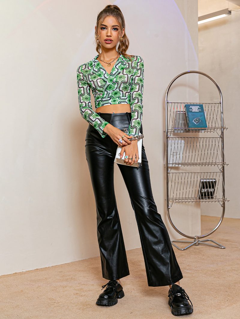 Women V Neck Lace Up Chic Slim Shirts Top Green Sexy Bandage Floral Printed Crop Top Blouse Fashion Elegant Top New - Image 3