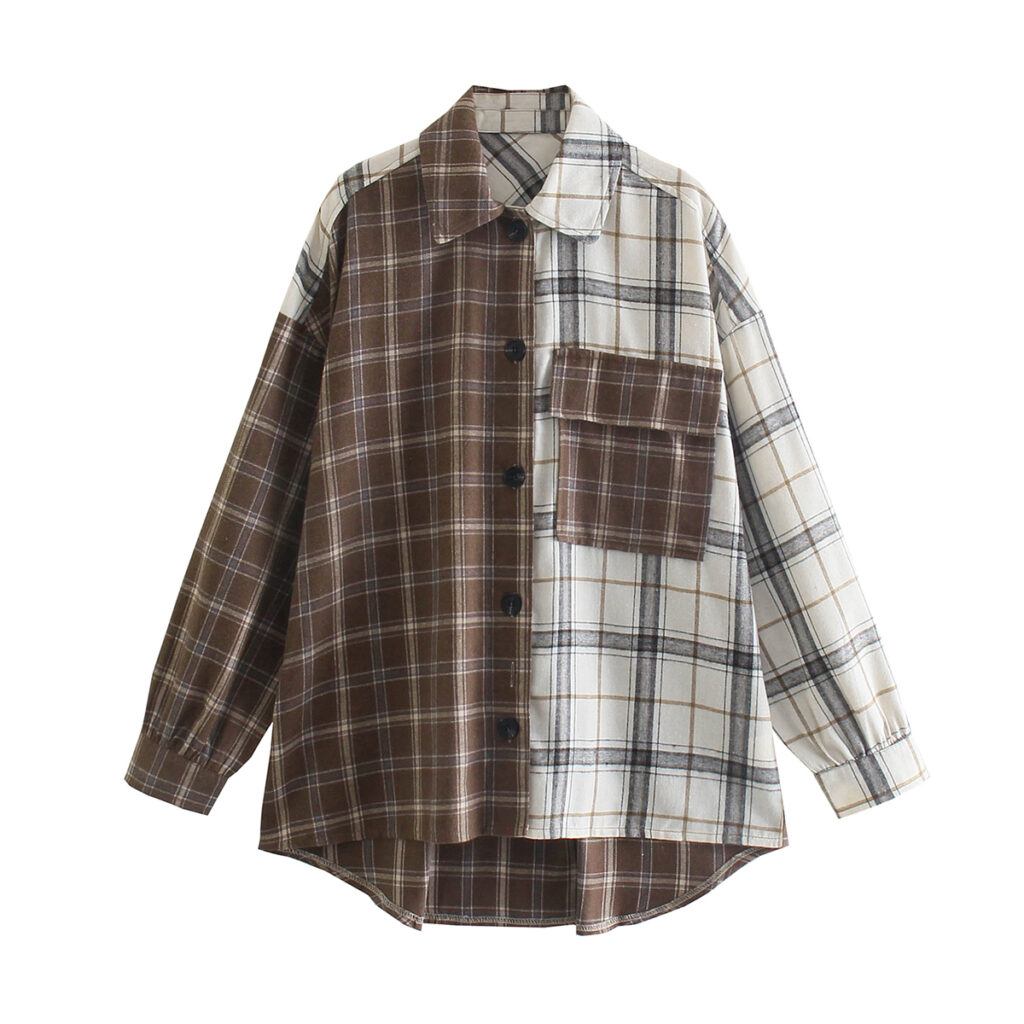 Fall Women Clothing Retro Loose Casual Contrast Color Brushed Plaid Collared Long Sleeve Shirt - Image 5