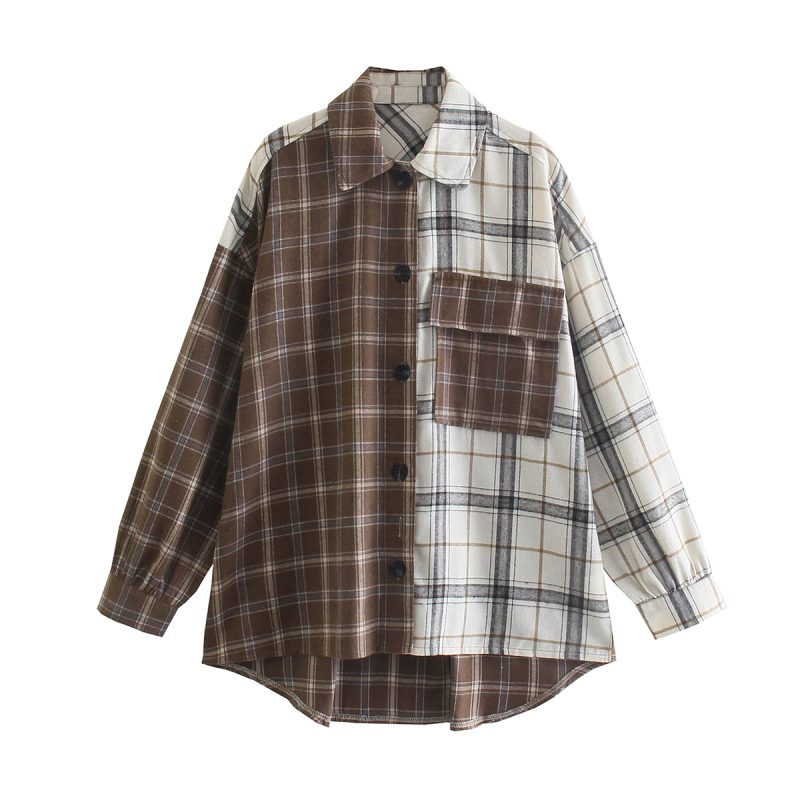 Fall Women Clothing Retro Loose Casual Contrast Color Brushed Plaid Collared Long Sleeve Shirt - Image 5