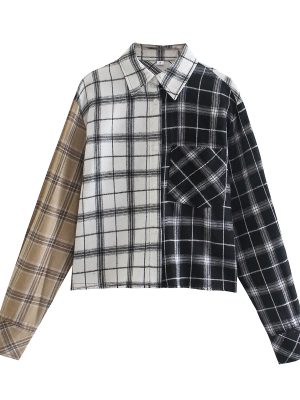 Women Clothing Loose Casual All-Matching Turn-down Collar Long Sleeve Color-Contrast Check Shirt