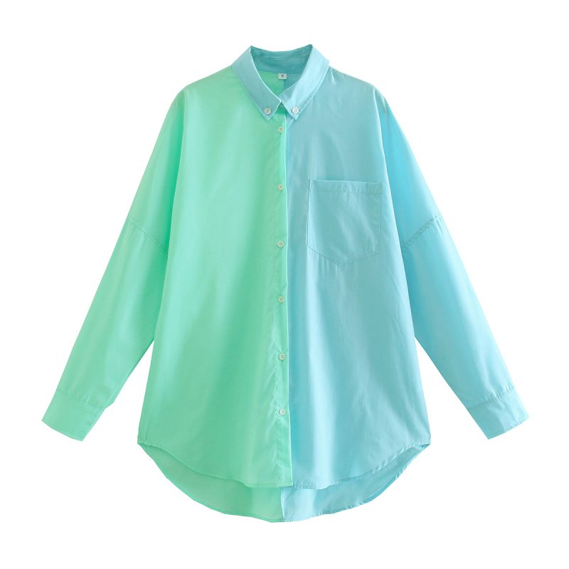 Spring Contrast Color Shirt Single-Breasted Long Shirt - Image 3