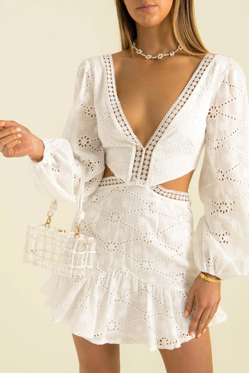 Fall Women Clothing French V neck Lace Stitching Waist Open Dress Eyelet Embroidery