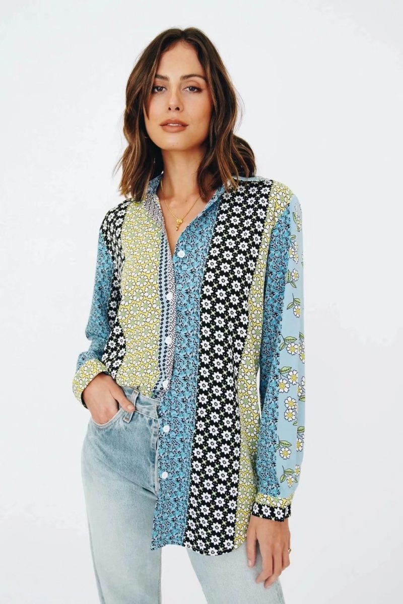 Spring Sunflower Print Long-Sleeve Shirt With Lapels Breaks - Image 3