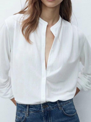 Stand Collar Simple Fall Long Sleeve Shirt New Shoulder Pleated Drape Blouse