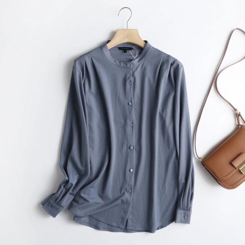 Stand Collar Simple Fall Long Sleeve Shirt New Shoulder Pleated Drape Blouse - Image 5
