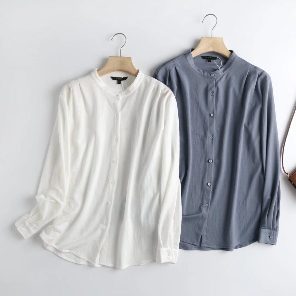 Stand Collar Simple Fall Long Sleeve Shirt New Shoulder Pleated Drape Blouse - Image 6