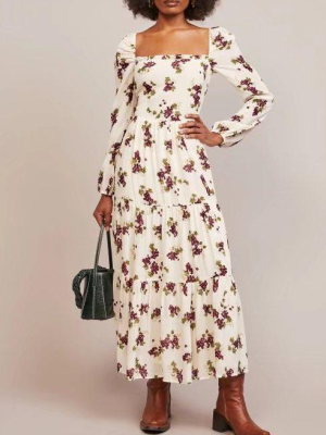 Spring  Women Square Collar Printed Long Sleeve Dress Maxi Dress