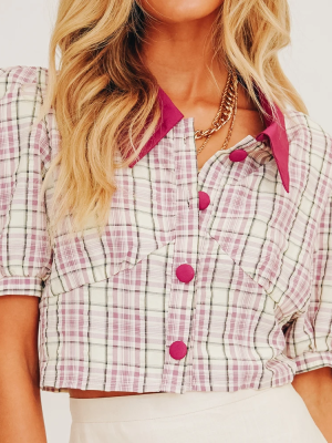 Retro Short Sleeve Plaid Shirt New cropped Puff Sleeve Cardigan Top Women