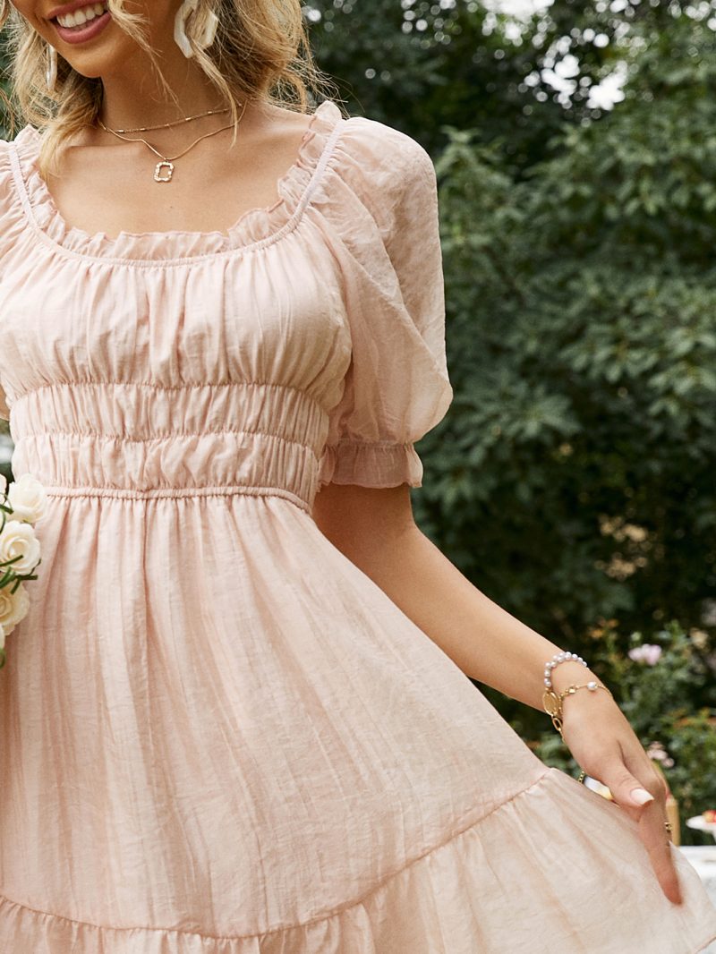 Chic Puff Short Sleeve Mesh Ruffle Summer Dress Women A-Lines Quare Collar Mini Dress Pink Beach Mujer Vestidos - Image 2