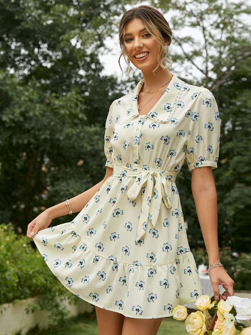 Office Lace Collar Puff Sleeve Print Women Summer Mini Dress Buttons Belt Lace-Up Ruffle Holiday Dresses Floral Vestido - Image 2